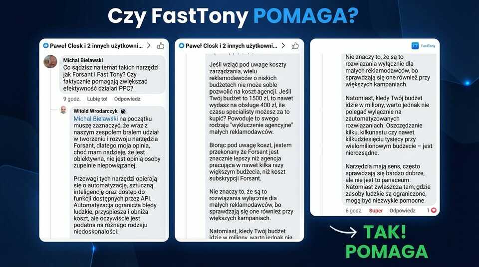 Zrzut ekranu z dyskusji użytkowników na Facebooku na temat skuteczności narzędzia FastTony i automatyzacji reklam