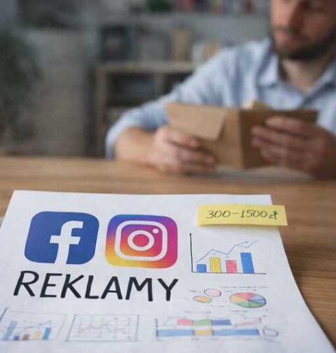 Mężczyzna pracujący przy laptopie w biurze, analizujący działania reklamowe dla małej firmy