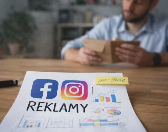 Mężczyzna pracujący przy laptopie w biurze, analizujący działania reklamowe dla małej firmy