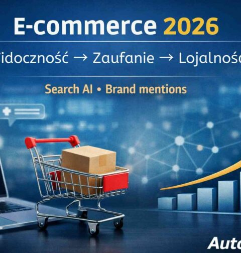 Grafika okładkowa „E-commerce 2026” – Widoczność → Zaufanie → Lojalność, Search AI i brand mentions, z laptopem, koszykiem i wykresem wzrostu (AutoSEO.pl).