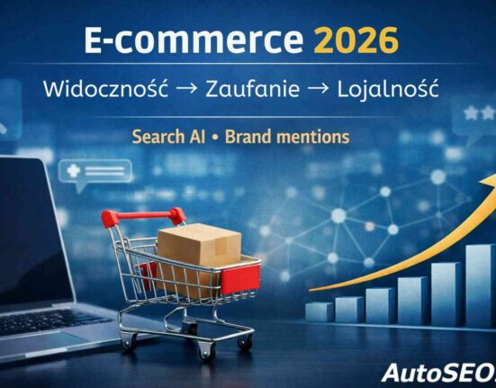Grafika okładkowa „E-commerce 2026” – Widoczność → Zaufanie → Lojalność, Search AI i brand mentions, z laptopem, koszykiem i wykresem wzrostu (AutoSEO.pl).