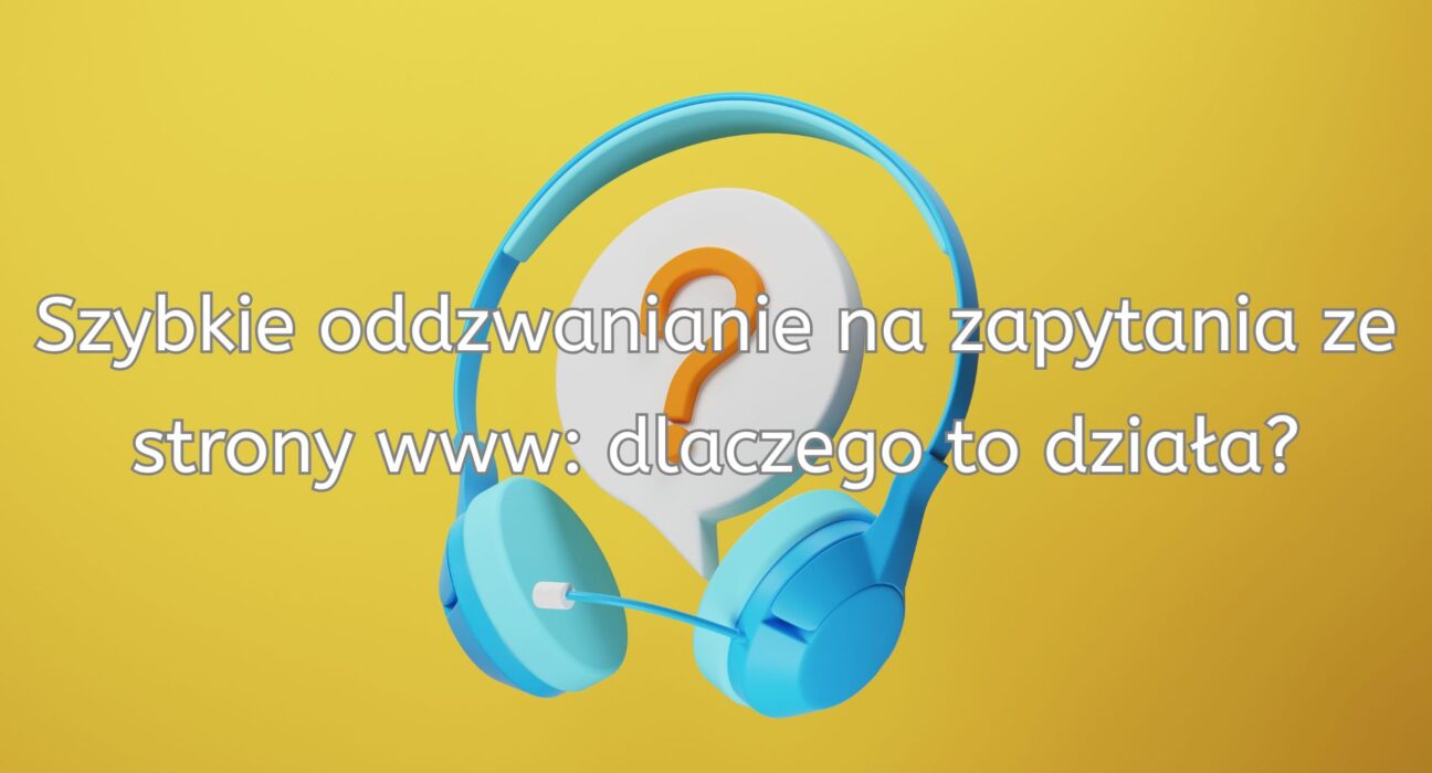 Niebieskie słuchawki na żółtym tle, dymek z pytajnikiem i hasło o szybkim oddzwanianiu na zapytania ze strony www.