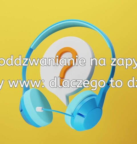 Niebieskie słuchawki na żółtym tle, dymek z pytajnikiem i hasło o szybkim oddzwanianiu na zapytania ze strony www.