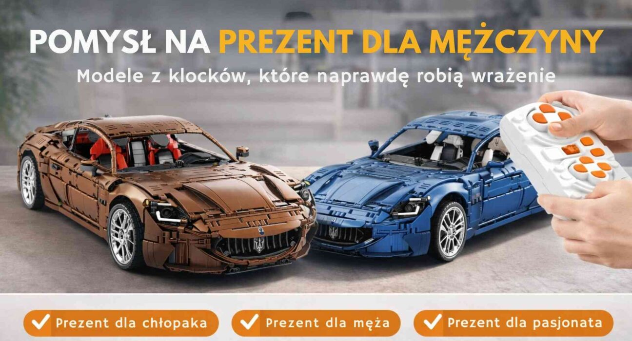 Pomysł na prezent dla mężczyzny – dwa modele samochodów z klocków i pilot do sterowania