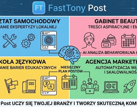 FastTony Post dla różnych branż — warsztat samochodowy, gabinet beauty, szkoła językowa, agencja marketingowa