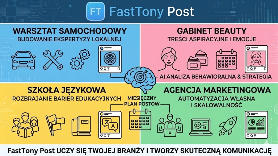 FastTony Post dla różnych branż — warsztat samochodowy, gabinet beauty, szkoła językowa, agencja marketingowa