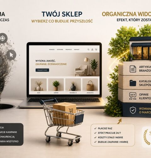 Porównanie reklamy płatnej i organicznej widoczności sklepu internetowego. Grafika przedstawia sklep online, koszyk zakupowy oraz trwałe źródła widoczności, takie jak artykuły branżowe, katalogi sklepów, opinie klientów i wzmianki o marce.