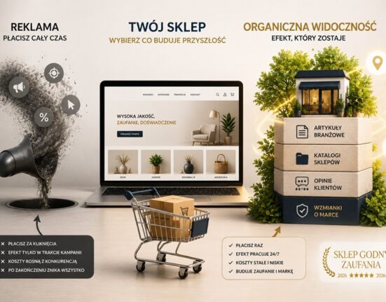 Porównanie reklamy płatnej i organicznej widoczności sklepu internetowego. Grafika przedstawia sklep online, koszyk zakupowy oraz trwałe źródła widoczności, takie jak artykuły branżowe, katalogi sklepów, opinie klientów i wzmianki o marce.