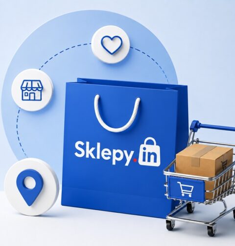 Sklepy.in – grafika przedstawiająca torbę zakupową z logo Sklepy.in, koszyk z paczką oraz ikony lokalizacji, sklepu i opinii symbolizujące widoczność sklepów internetowych.