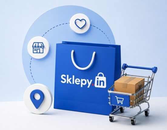 Sklepy.in – grafika przedstawiająca torbę zakupową z logo Sklepy.in, koszyk z paczką oraz ikony lokalizacji, sklepu i opinii symbolizujące widoczność sklepów internetowych.